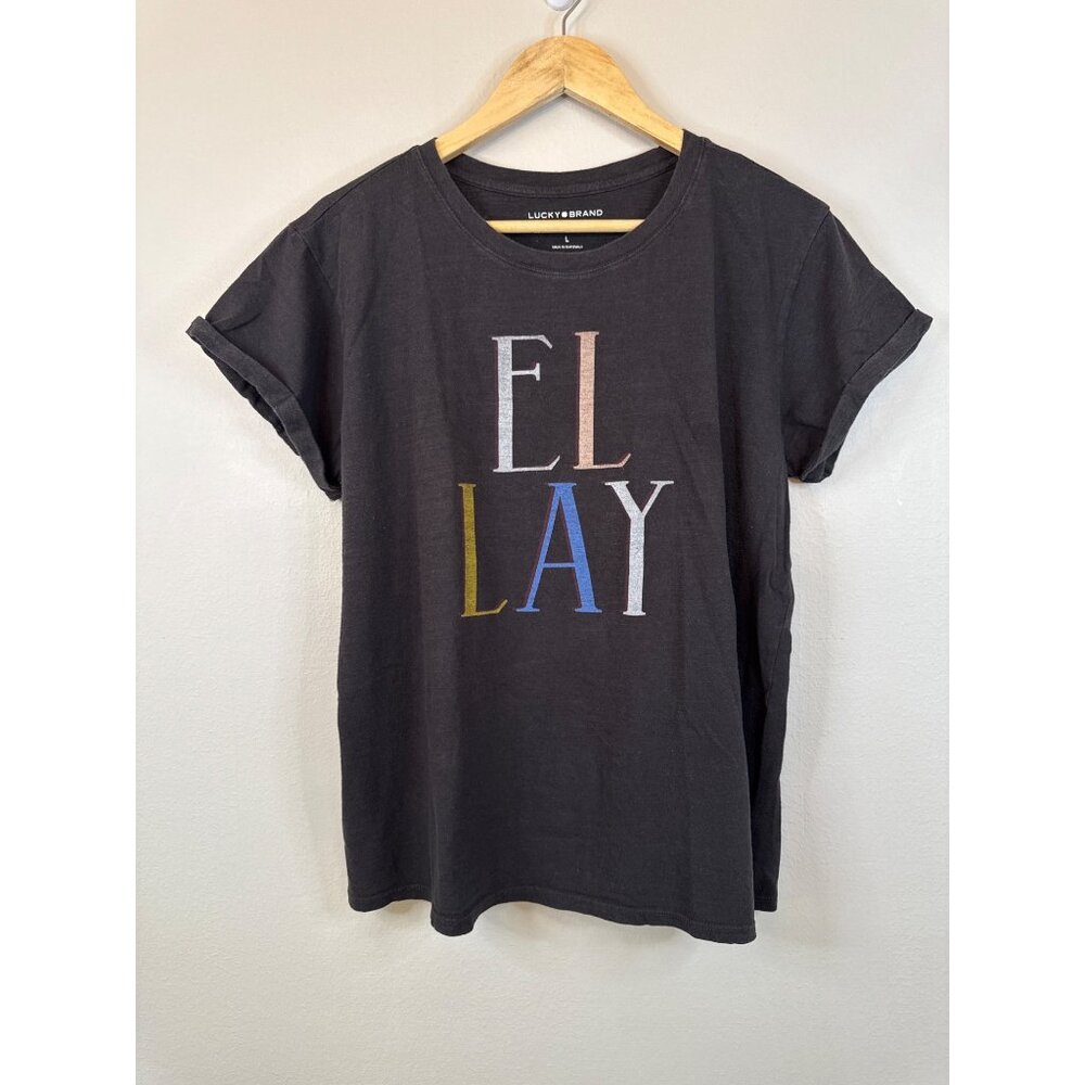 Lucky Brand Womens Graphic Tee "El Lay" Print Black Cotton Blend Size L